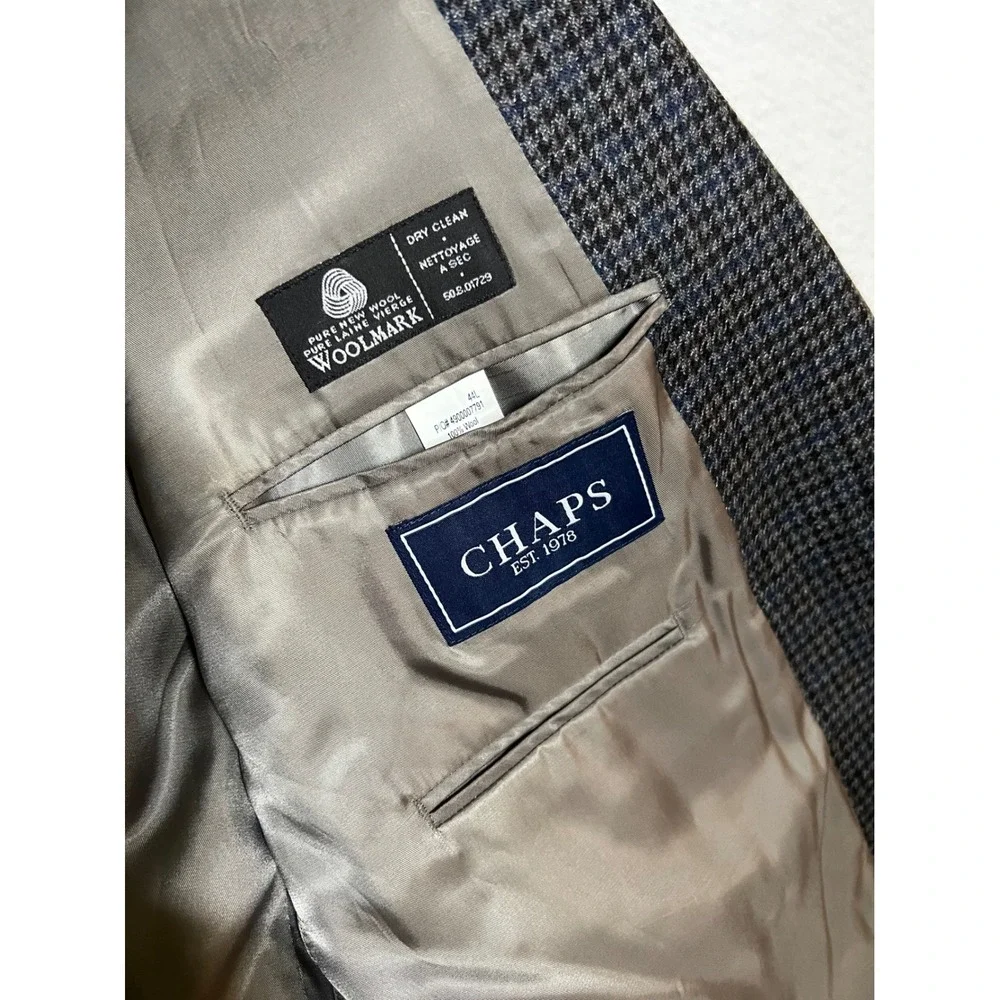 Chaps Men's 44L 100% Wool Blue Gray Houndstooth Blazer